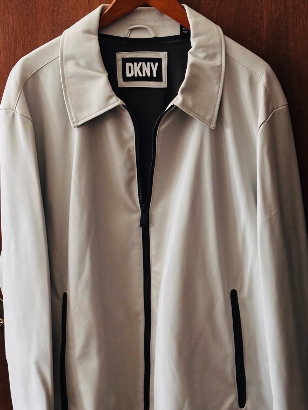 DKNY Light Gray Zip-Front Shirt Jacket with Black Accents